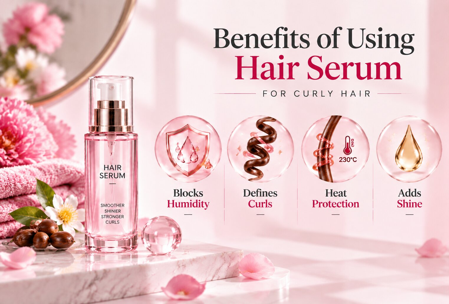 Benefits of using hair serum to reduce frizz define curls and add shine