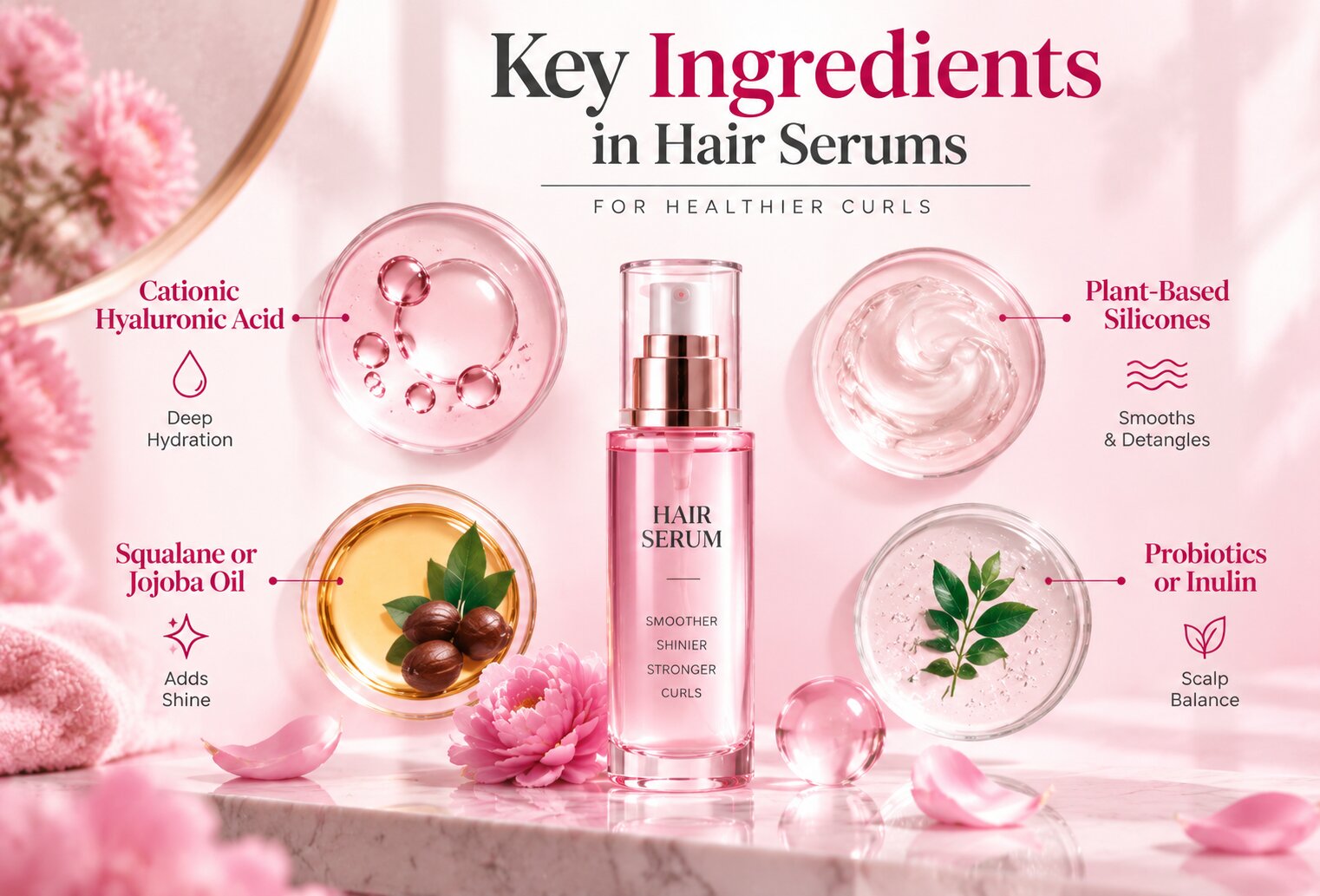 Key ingredients in hair serum including hyaluronic acid oils and probiotics for curly hair