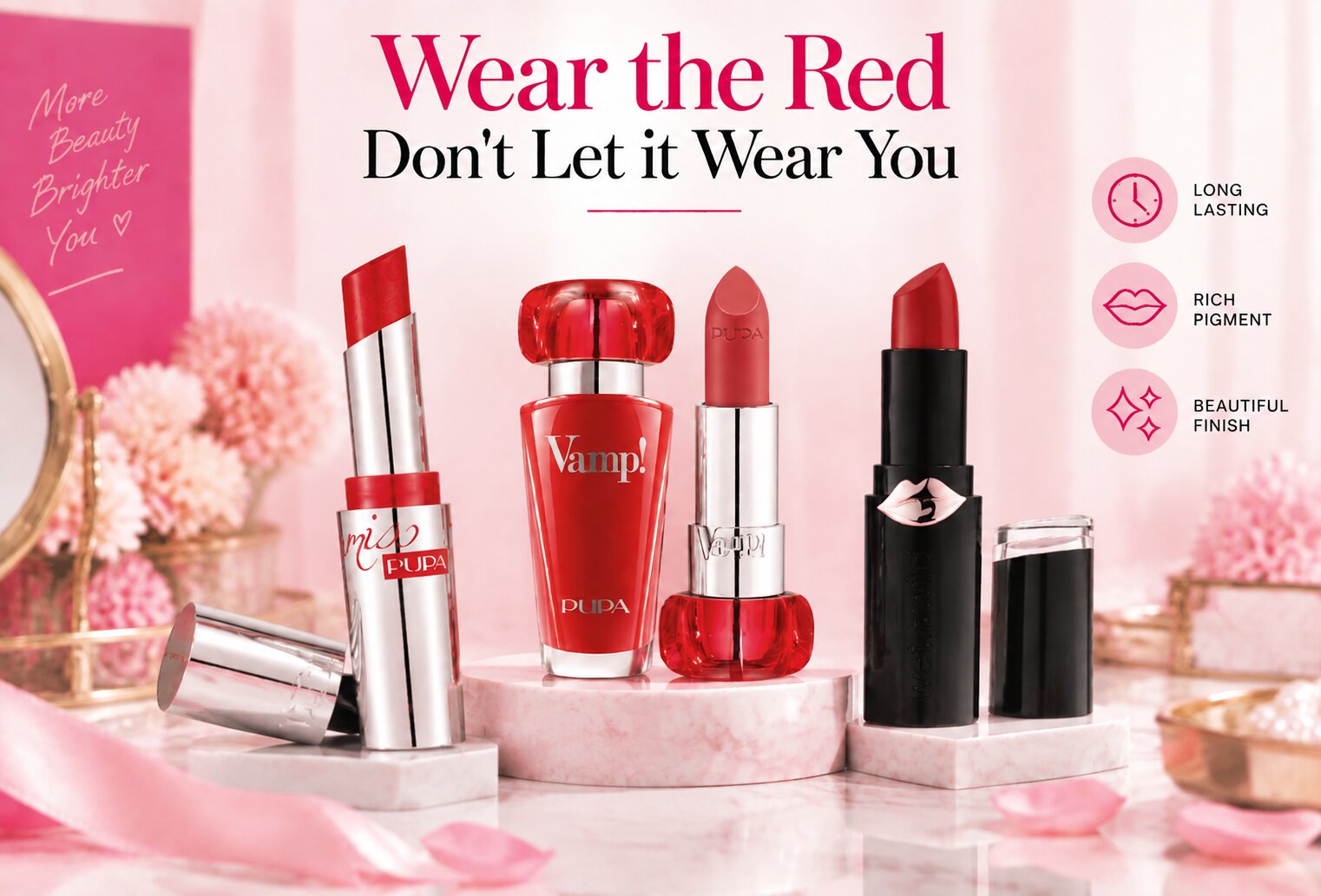 Red lipstick products for creating a bold long-lasting lip look
