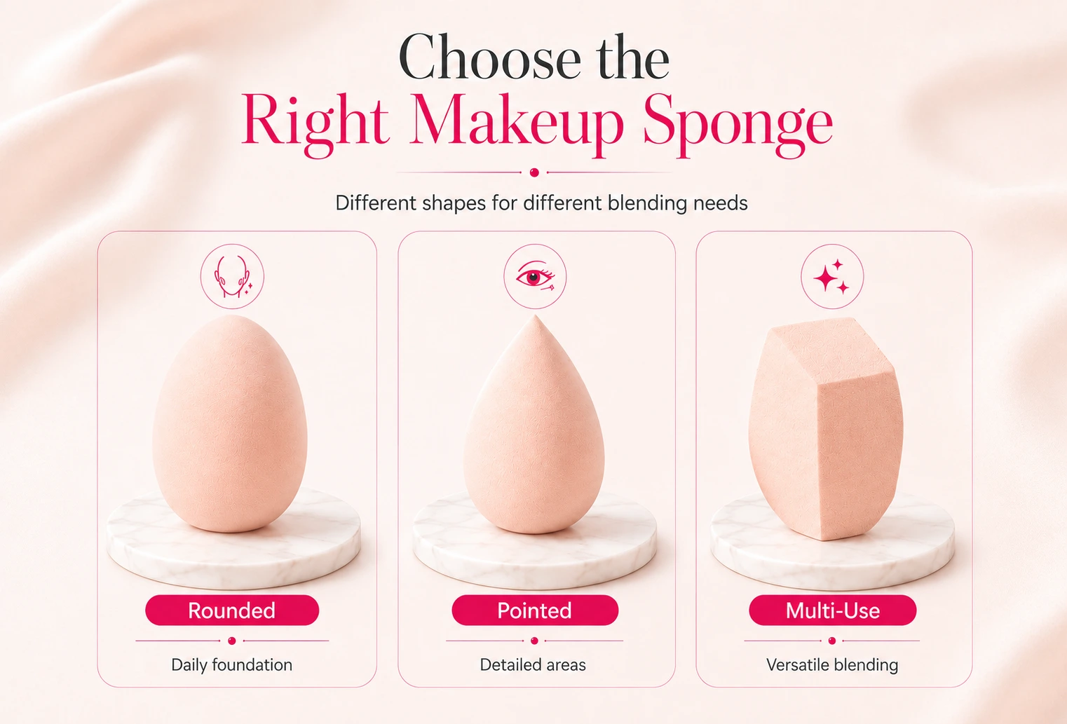 Rounded, pointed and multi-use makeup sponge shapes for different blending needs.