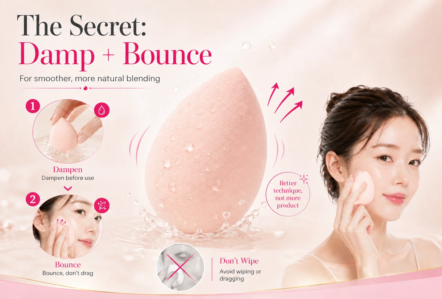 Damp makeup sponge bounce technique for smooth, natural foundation blending.