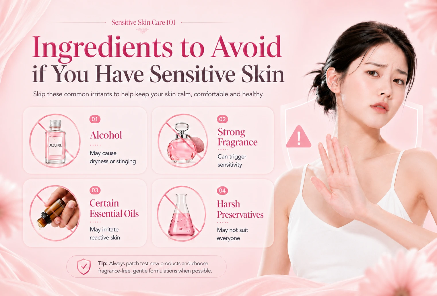Woman with sensitive skin beside an infographic of deodorant ingredients to avoid, including alcohol and strong fragrance.