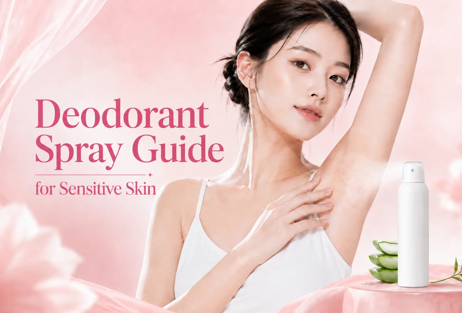 Woman with sensitive underarms beside a white deodorant spray in a pink deodorant spray guide graphic