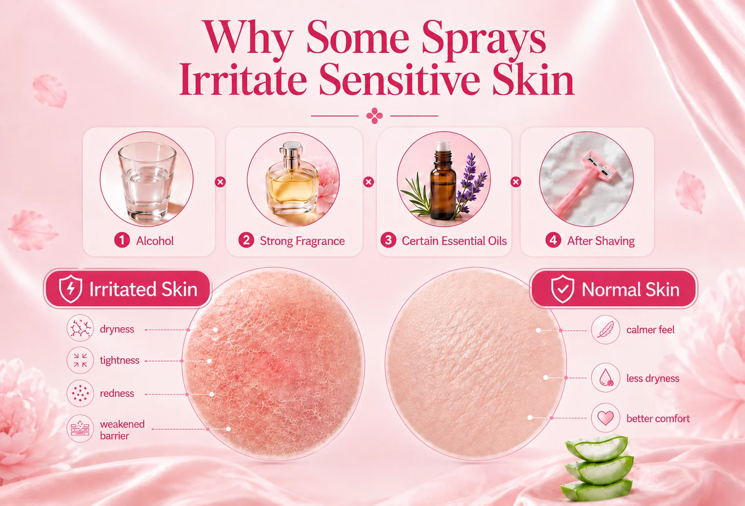 Infographic explaining safe deodorant spray features for sensitive skin, including alcohol-free and fragrance-free formulas.
