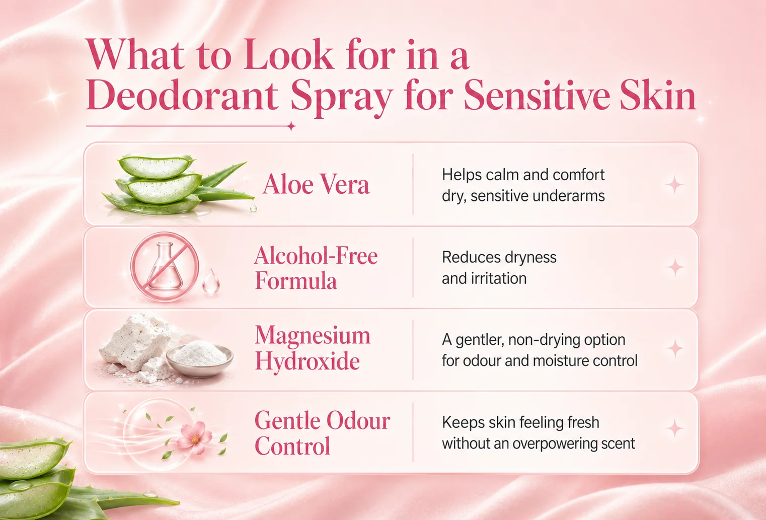 Infographic listing aloe vera, alcohol-free formula, magnesium hydroxide and gentle odour control for sensitive skin.