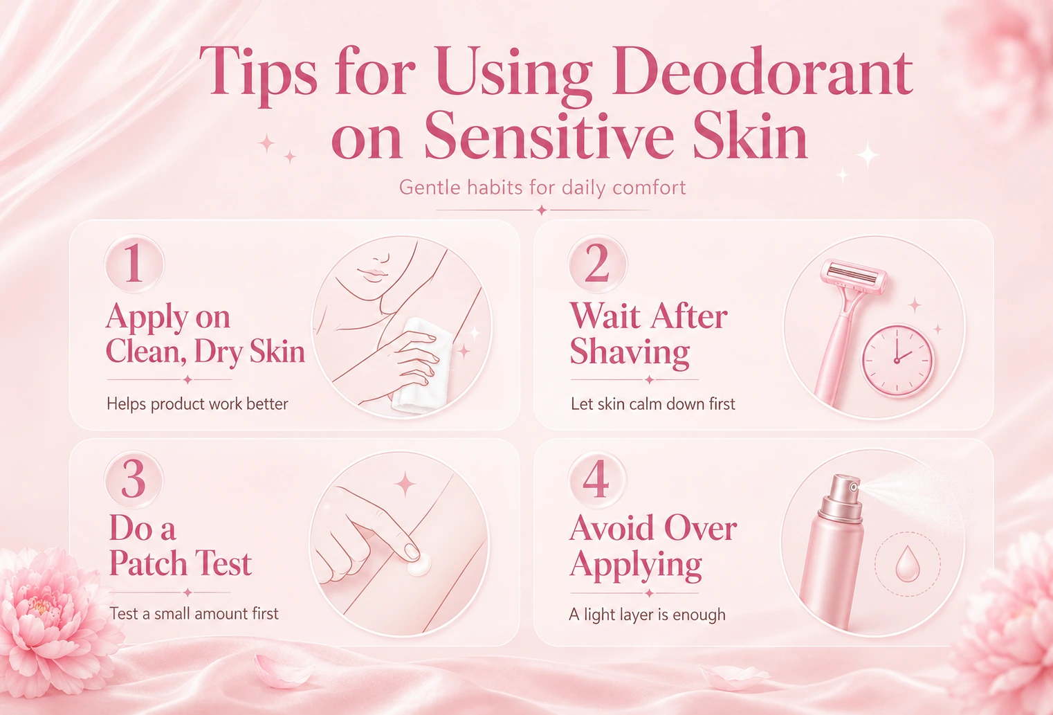 Infographic with tips for using deodorant on sensitive skin, including patch testing and waiting after shaving.