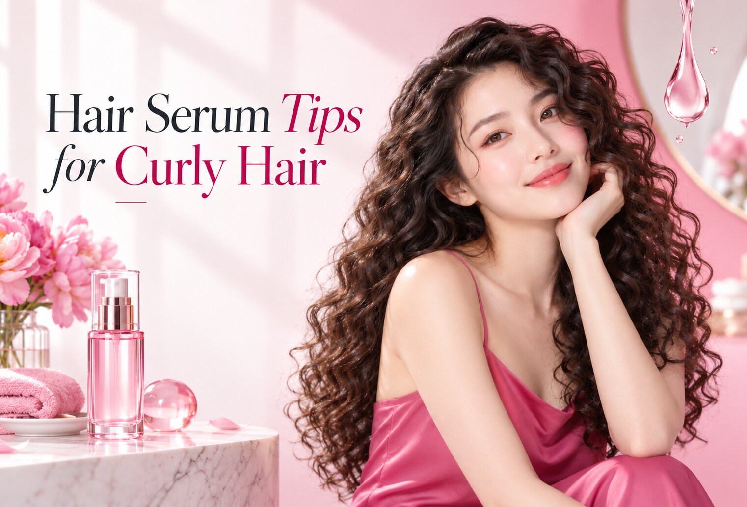 Woman with curly hair using hair serum as part of a curly hair care routine