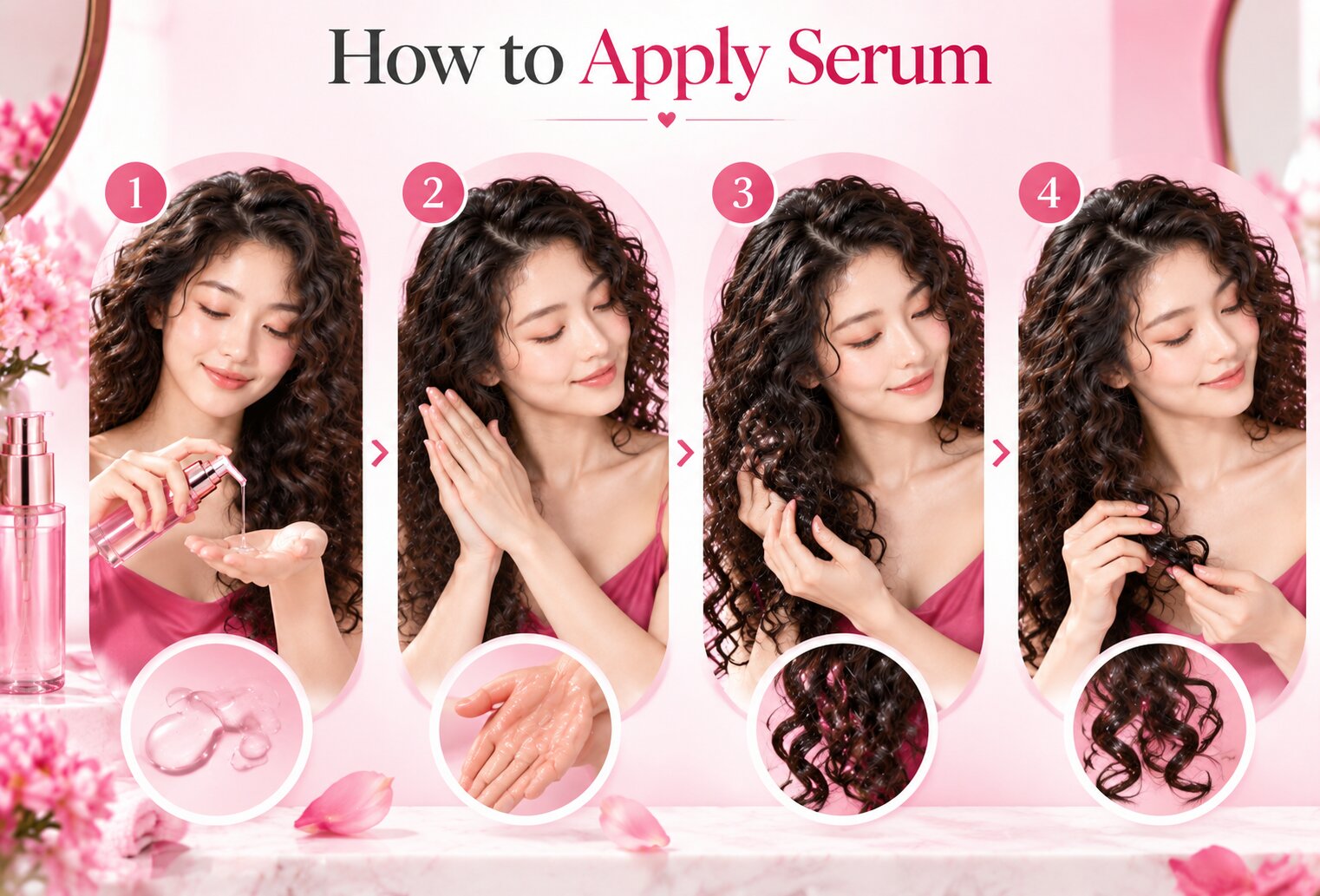 Step by step guide showing how to apply hair serum on curly hair