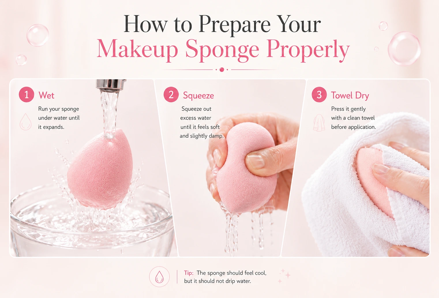 Steps to prepare a makeup sponge by wetting, squeezing and towel drying before use.