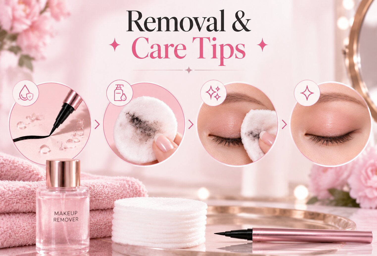 Liquid eyeliner removal and care tips using makeup remover and cotton pads