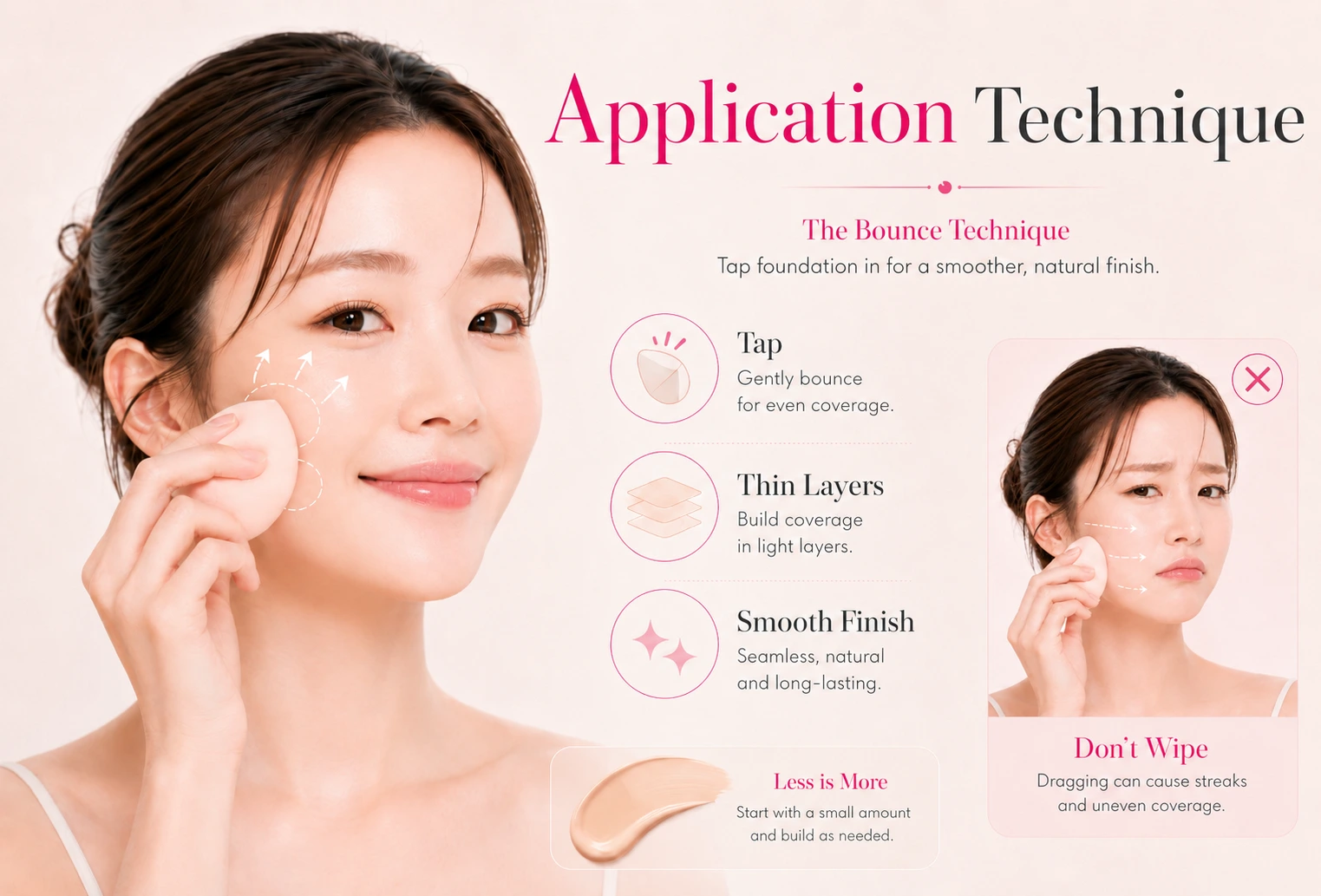 Foundation application using a makeup sponge bounce technique with thin, even layers.