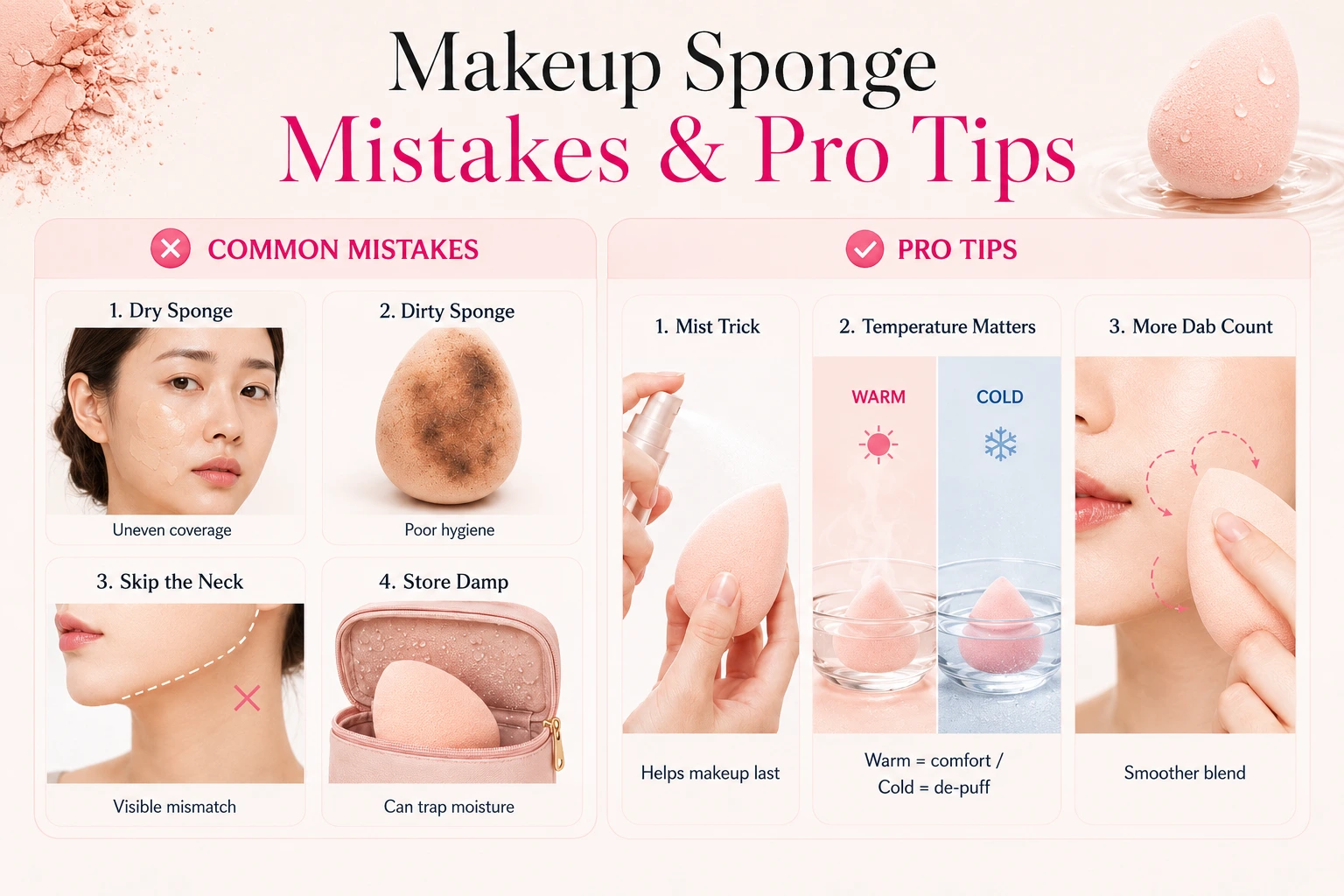 Common makeup sponge mistakes and professional tips for cleaner, smoother blending.