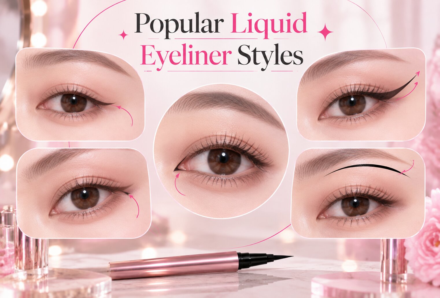 Examples of popular liquid eyeliner styles including puppy eyes and winged looks