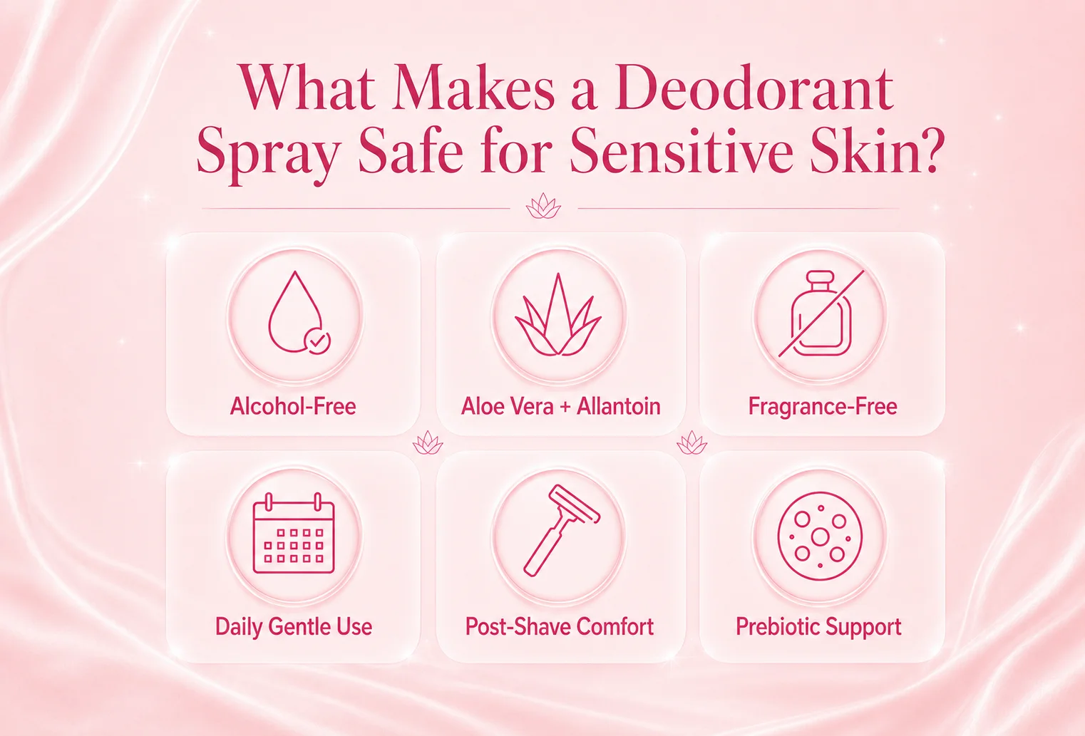 Infographic showing what makes a deodorant spray safe for sensitive skin, including alcohol-free, aloe vera, allantoin, fragrance-free, post-shave comfort, and prebiotic support.